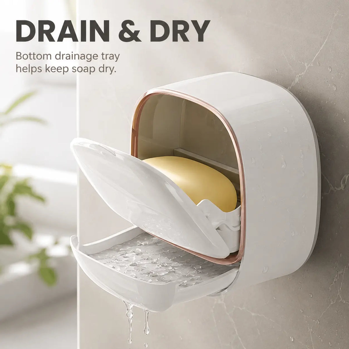 Wall-Mounted Bar Soap Container with Drain System, Oval Contemporary Aesthetics Durable Punch-Free Waterproof Flip-Lid Shower Holder with Drain Tray to Keep Soap Dry