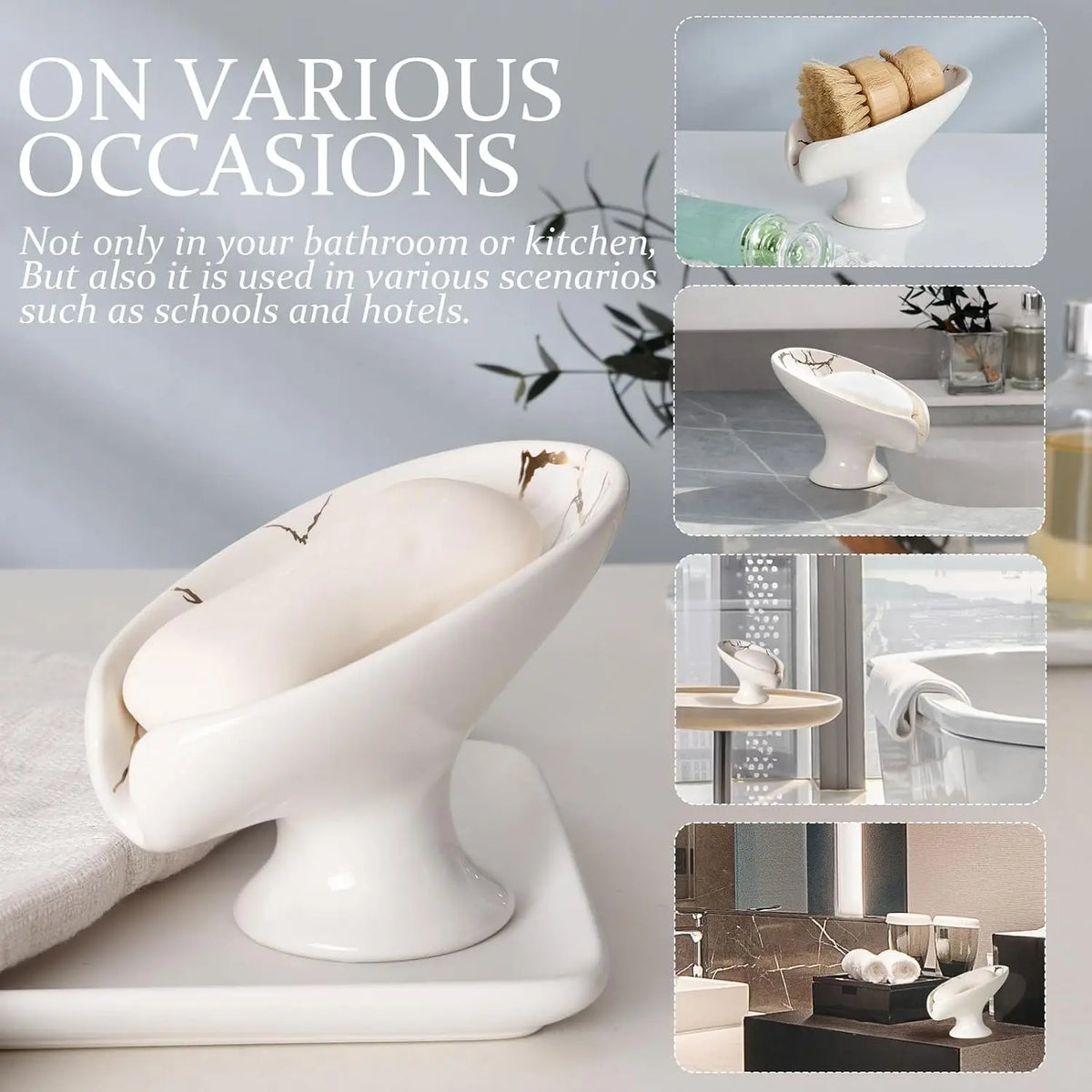 Soap Dish, Soap Holder Self Draining Leaf Shape Soap Dishes, Ceramic Drain Soap Dish for Sink Bathroom Shower Kitchen, Easy to Clean Keeps Soap Dry, Cream White & Gold Marble Patter.