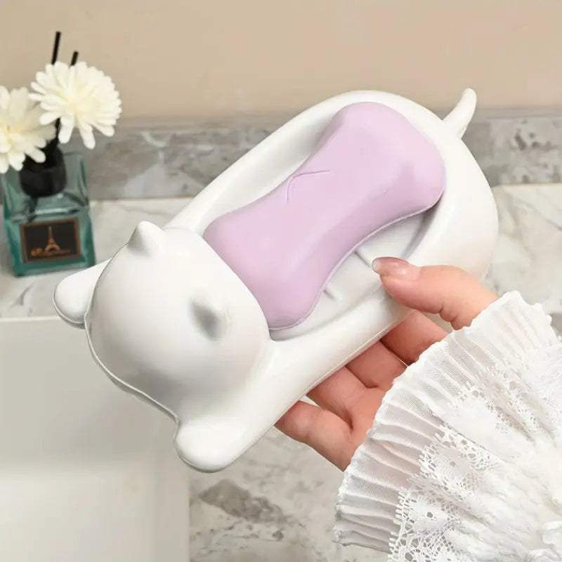 Cute Cat Shape Soap Holder, Water-Resistant Drain Design, Durable Plastic Bathroom Soap Rack with Vent Holes, Fashionable Home Decor Organizer, Bathroom Accessory, Soap Dish