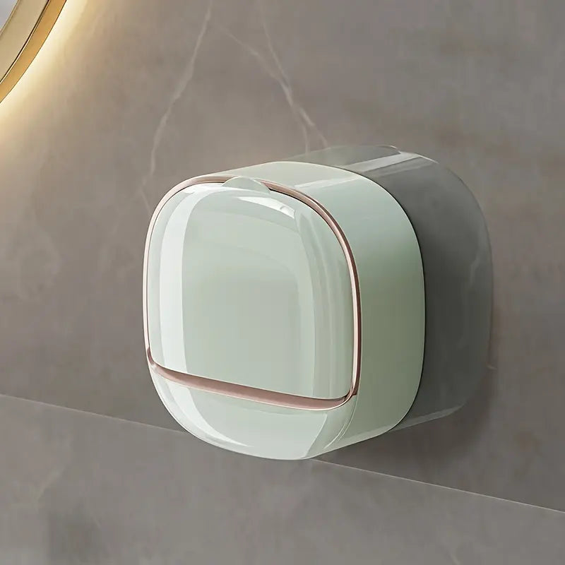 Luxury Wall Mounted Soap Holder with Drain Tray and Free Bath Sponge, Waterproof Adhesive Soap Dish Case Box, Keeps Soap Bars Dry, Bathroom Shower Soap Holder, White