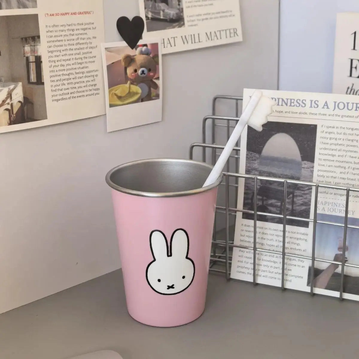 Kawaii Miffy Rabbit Toothbrush Holder & Mouthwash Cup Set - Cute Cartoon Print Couple Brushing Cups, High-Appearance Home Decor Statue Accessory