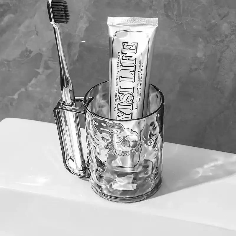 Fashion Youth Bathroom Tumbler with Handle Grip - Transparent Plastic, Lightweight, Durable, Small Size (8*11*10.5cm), Simple, Wipe-Clean, Portable, Comfortable Lip Feel, Adult Home Toothbrush Holder