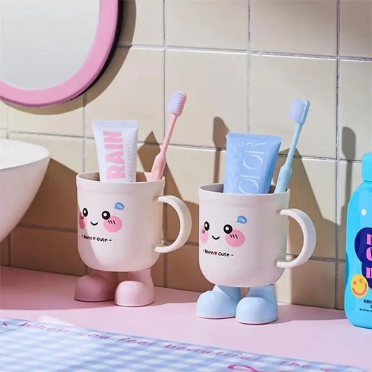 Cartoon Design Portable Bathroom Tumbler with Toothbrush Holder - Safe Durable Plastic, Easy Cleaning, Lovely Print, Couples' Home/Dorm Essential, Multi-Use Dental Jar & Iced Coffee Container, Durable Material