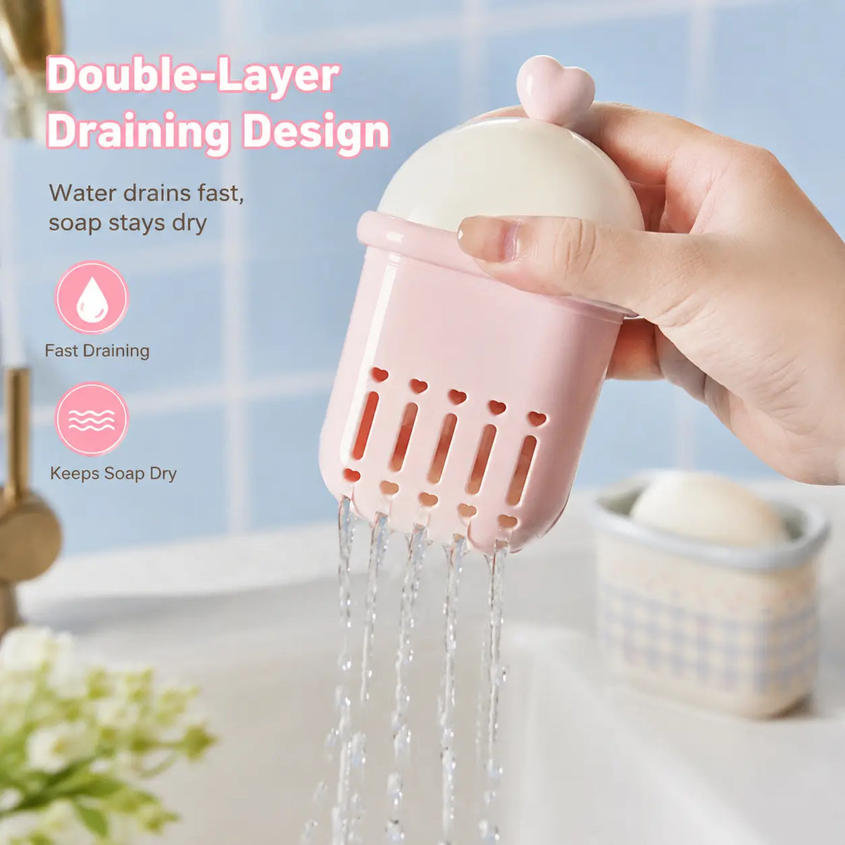 1-Pack Compact Standing Bar Soap Holder - Double Layer Draining Cute Heart Grid Printed Soap Saver, Portable Storage Case for Bathroom Sink & Travel Household Use, Sohochic