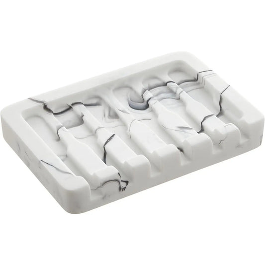 Self Draining Bar Soap Dishes Non-Slip Resin Holder, Marble Look White 2-Pack for Bathroom Shower Kitchen, Prevents Soggy Soap, Extends Life, Rubber Feet Sponge Tray