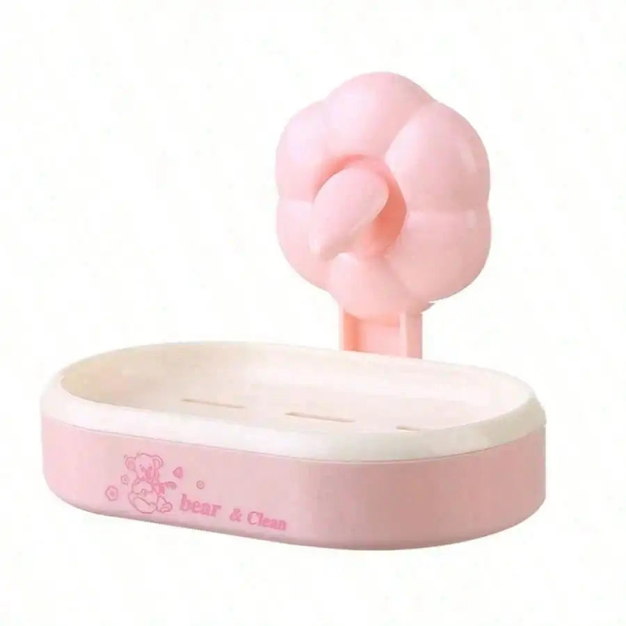 1pc Cute Bear Print Wall-Mounted Plastic Soap Dish with Flower-Shape Suction Cup, No-Drill Self-Adhesive Soap Holder with Drainage Tray, Stylish Functional Bathroom Organizer for Home Use