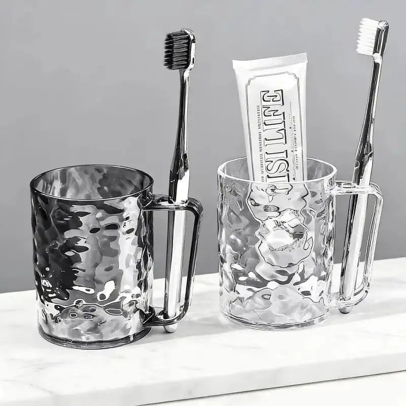 Fashion Youth Bathroom Tumbler with Handle Grip - Transparent Plastic, Lightweight, Durable, Small Size (8*11*10.5cm), Simple, Wipe-Clean, Portable, Comfortable Lip Feel, Adult Home Toothbrush Holder
