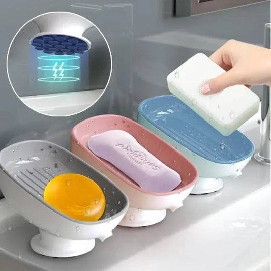 1-Piece Self-Draining Silicone Base Square Soap Dish with Super Suction & Lid - Fast-Draining Soap Holder for Bathroom Sink, Bathroom Accessories, Soap Dish For Bathroom Sink