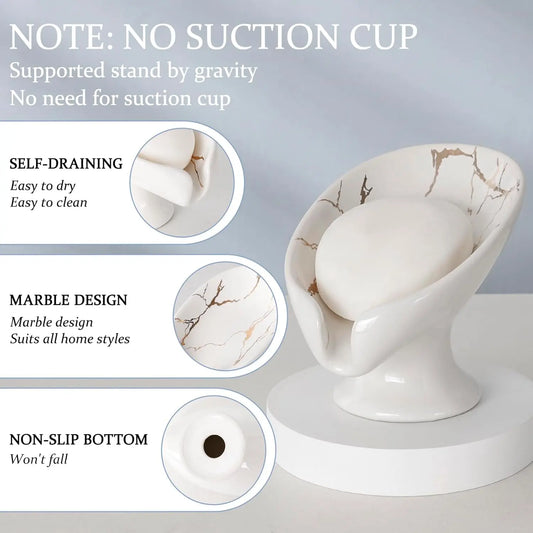 Soap Dish, Soap Holder Self Draining Leaf Shape Soap Dishes, Ceramic Drain Soap Dish for Sink Bathroom Shower Kitchen, Easy to Clean Keeps Soap Dry, Cream White & Gold Marble Patter.