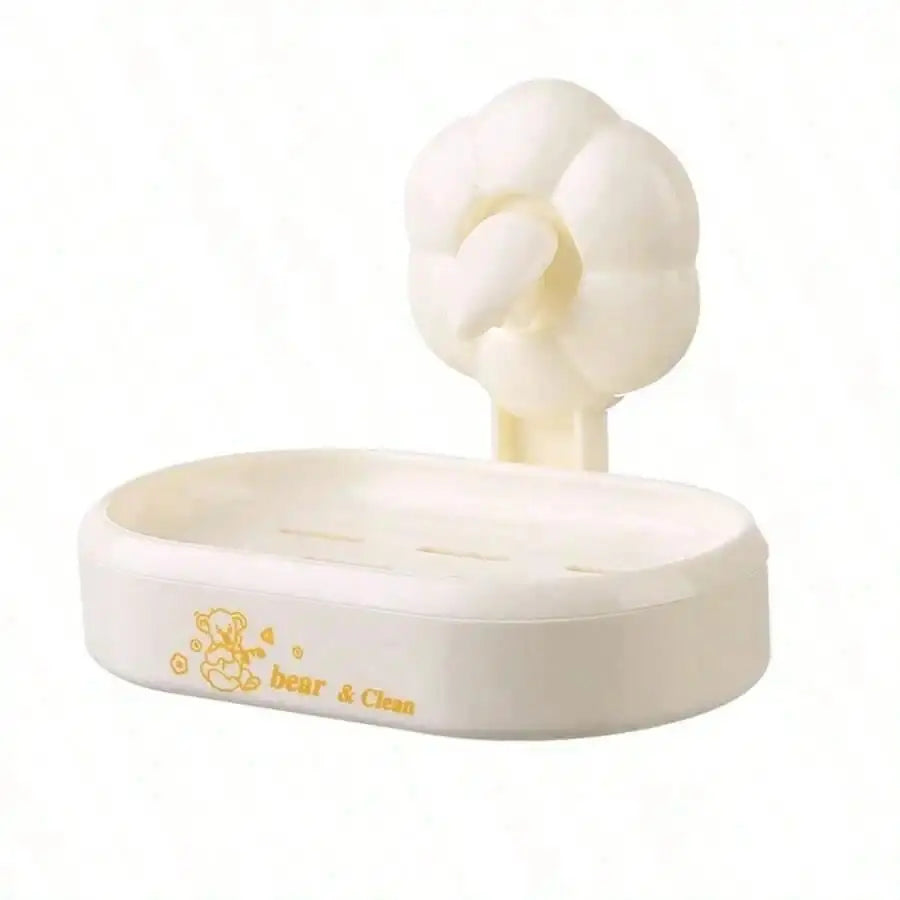 1pc Cute Bear Print Wall-Mounted Plastic Soap Dish with Flower-Shape Suction Cup, No-Drill Self-Adhesive Soap Holder with Drainage Tray, Stylish Functional Bathroom Organizer for Home Use