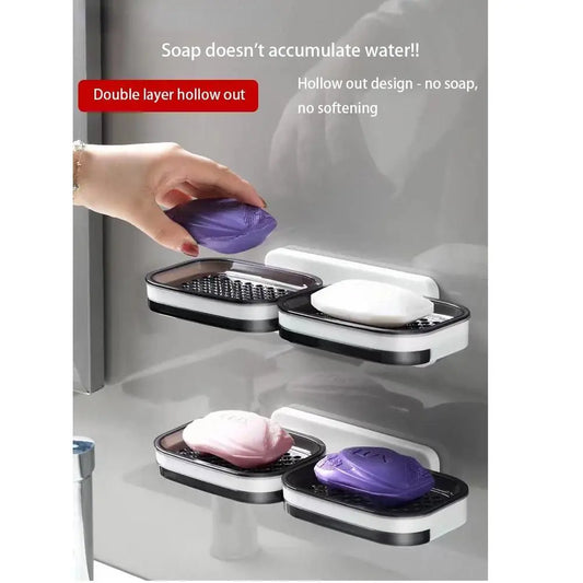 ABS Double-Layer Bathroom Soap Dish, Nail-Free Wall-Mounted Organizer with Drip-Hollow Design, Removable & Washable Drawer, Moisture-Proof & Waterproof, Easy Installation for Household Bathroom Supplies