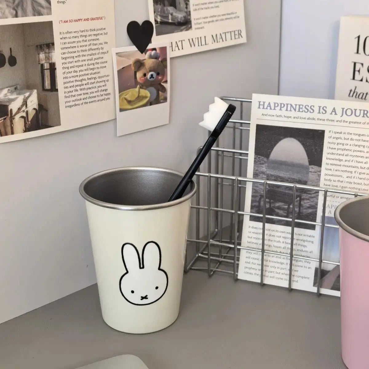 Kawaii Miffy Rabbit Toothbrush Holder & Mouthwash Cup Set - Cute Cartoon Print Couple Brushing Cups, High-Appearance Home Decor Statue Accessory