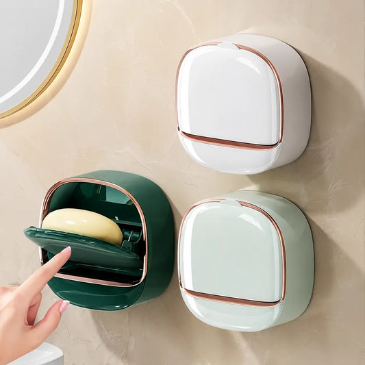 Luxury Wall Mounted Soap Holder with Drain Tray and Free Bath Sponge, Waterproof Adhesive Soap Dish Case Box, Keeps Soap Bars Dry, Bathroom Shower Soap Holder, White