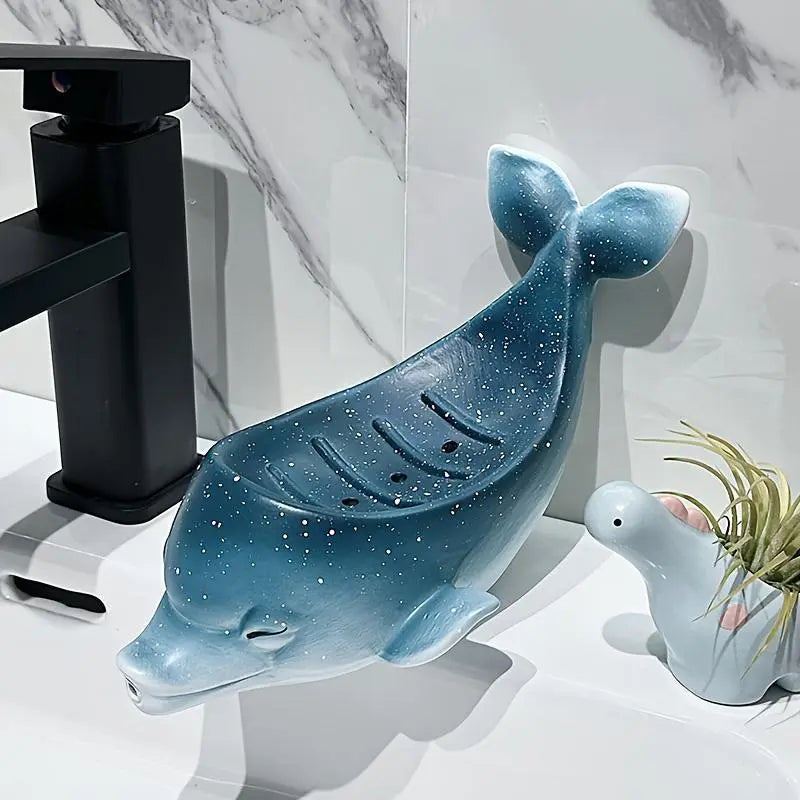 1pc Ceramic Starry Sky Dolphin Soap Dish - Bathroom Soap Holder with Drainable Mouth Design, Non-Water Accumulation for Home Use