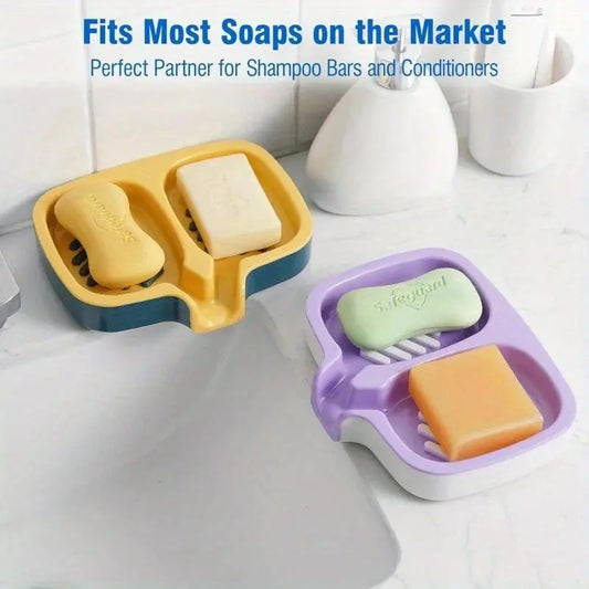 ABS Double Compartment Soap Dish - 2-Layer ABS Plastic Holder with Drain Spout, for Bathroom, Kitchen Shampoo Bar Storage