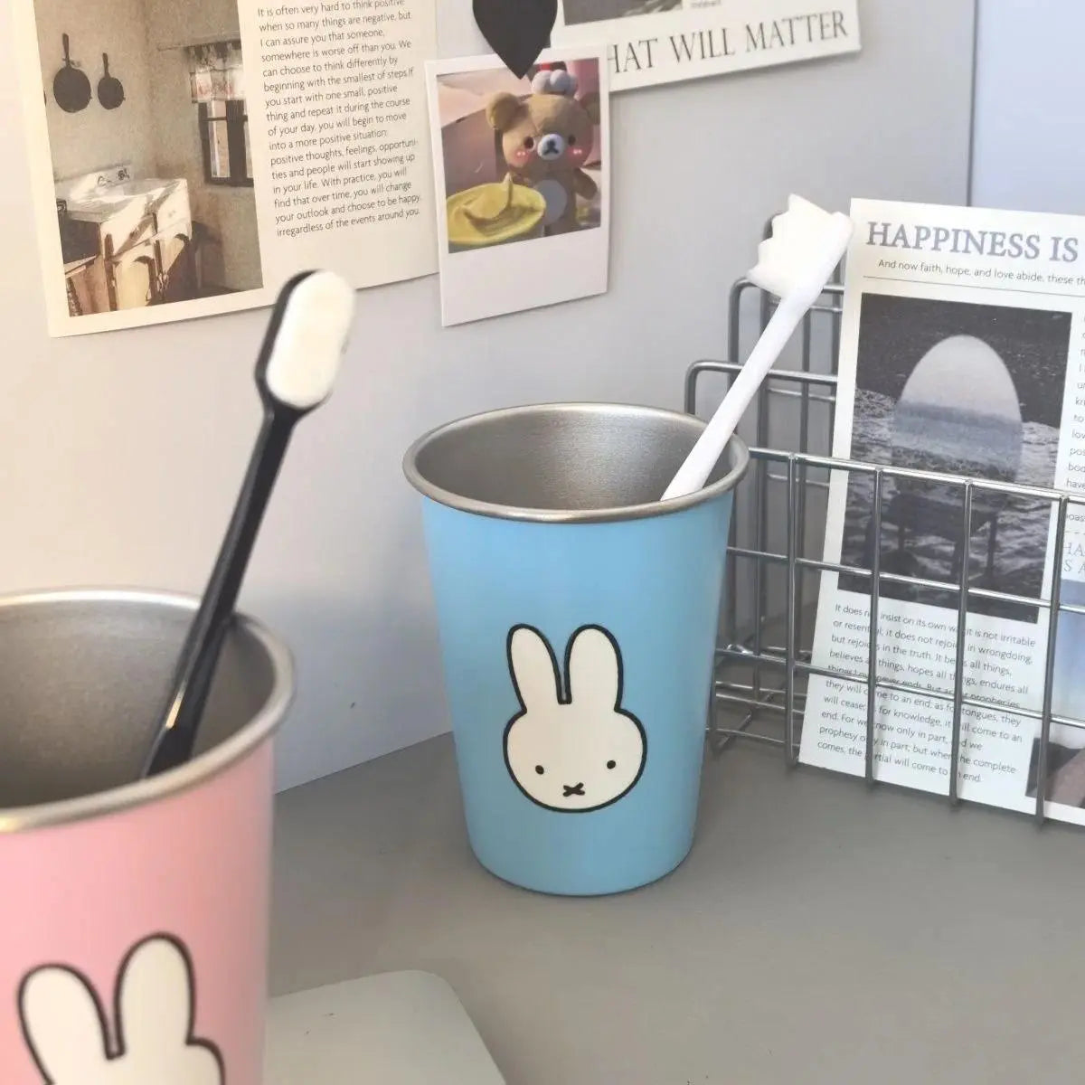 Kawaii Miffy Rabbit Toothbrush Holder & Mouthwash Cup Set - Cute Cartoon Print Couple Brushing Cups, High-Appearance Home Decor Statue Accessory