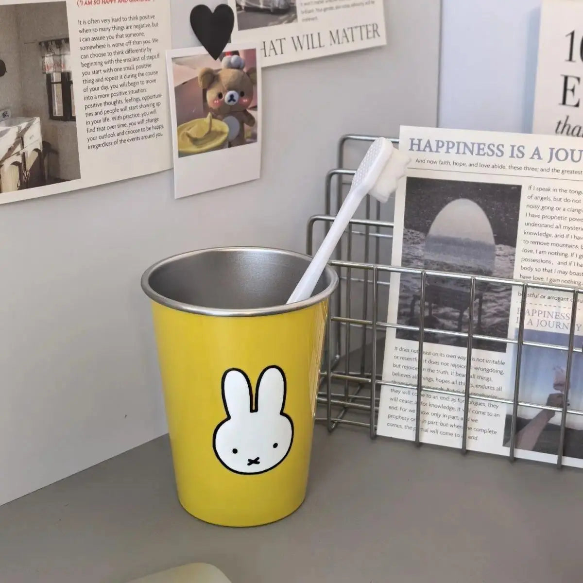 Kawaii Miffy Rabbit Toothbrush Holder & Mouthwash Cup Set - Cute Cartoon Print Couple Brushing Cups, High-Appearance Home Decor Statue Accessory