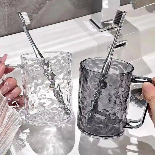 Fashion Youth Bathroom Tumbler with Handle Grip - Transparent Plastic, Lightweight, Durable, Small Size (8*11*10.5cm), Simple, Wipe-Clean, Portable, Comfortable Lip Feel, Adult Home Toothbrush Holder