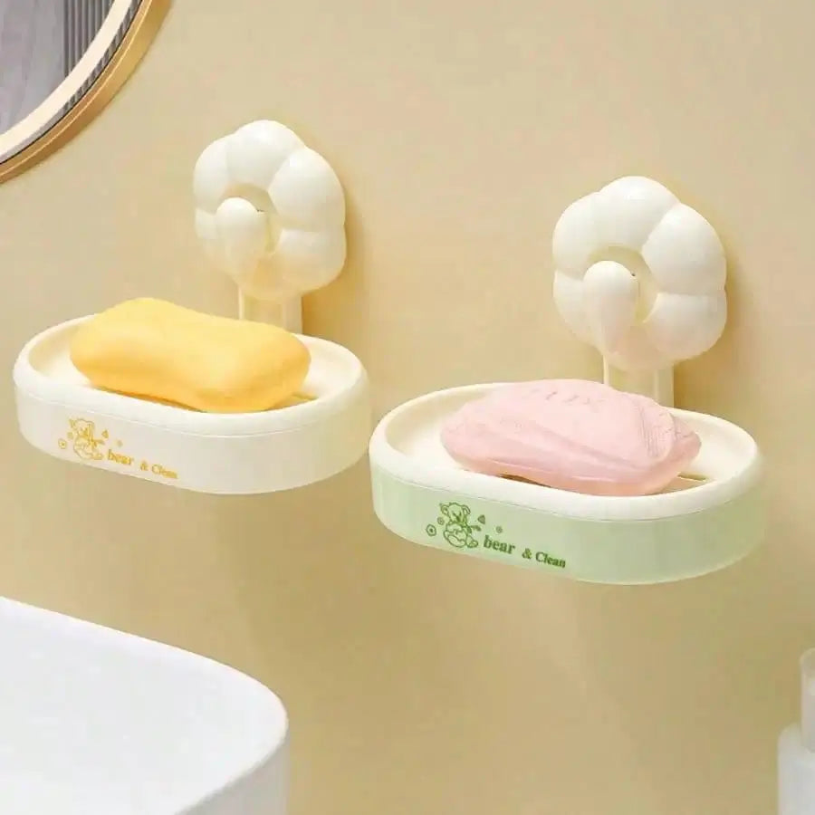 1pc Cute Bear Print Wall-Mounted Plastic Soap Dish with Flower-Shape Suction Cup, No-Drill Self-Adhesive Soap Holder with Drainage Tray, Stylish Functional Bathroom Organizer for Home Use