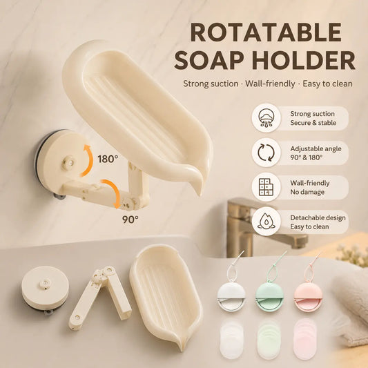 sohochic Suction Cup Soap Holder - Adjustable 90°/180° Rotating Wall & Countertop Soap Dish with Detachable Drain Tray, No-Drill Large Suction Base, Quick-Drain, Space-Saving Plastic Organizer for Bathroom & Kitchen (White)