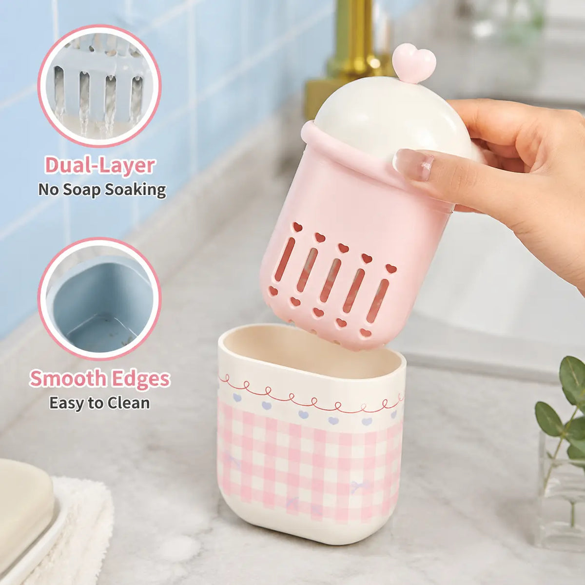 1-Pack Compact Standing Bar Soap Holder - Double Layer Draining Cute Heart Grid Printed Soap Saver, Portable Storage Case for Bathroom Sink & Travel Household Use, Sohochic