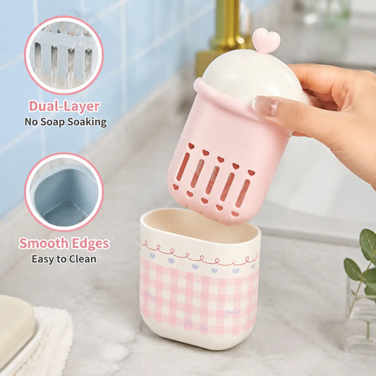 1-Pack Compact Standing Bar Soap Holder - Double Layer Draining Cute Heart Grid Printed Soap Saver, Portable Storage Case for Bathroom Sink & Travel Household Use, Sohochic