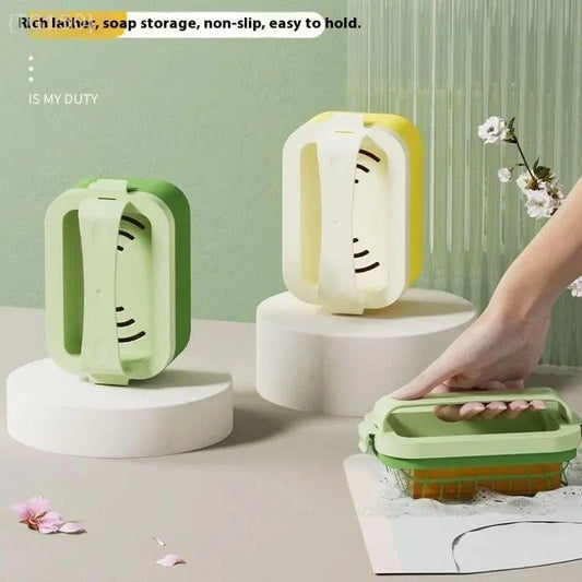 Square Rubber-ABS Mesh Soap Dish with Lid, Anti-Slip Draining Storage Box + 1 Soap Bubble Box, 7.5cm/2.95in*13.5cm/5.31in*8.5cm/3.34in, Durable Household Bathroom Supplies for Enhanced Cleaning