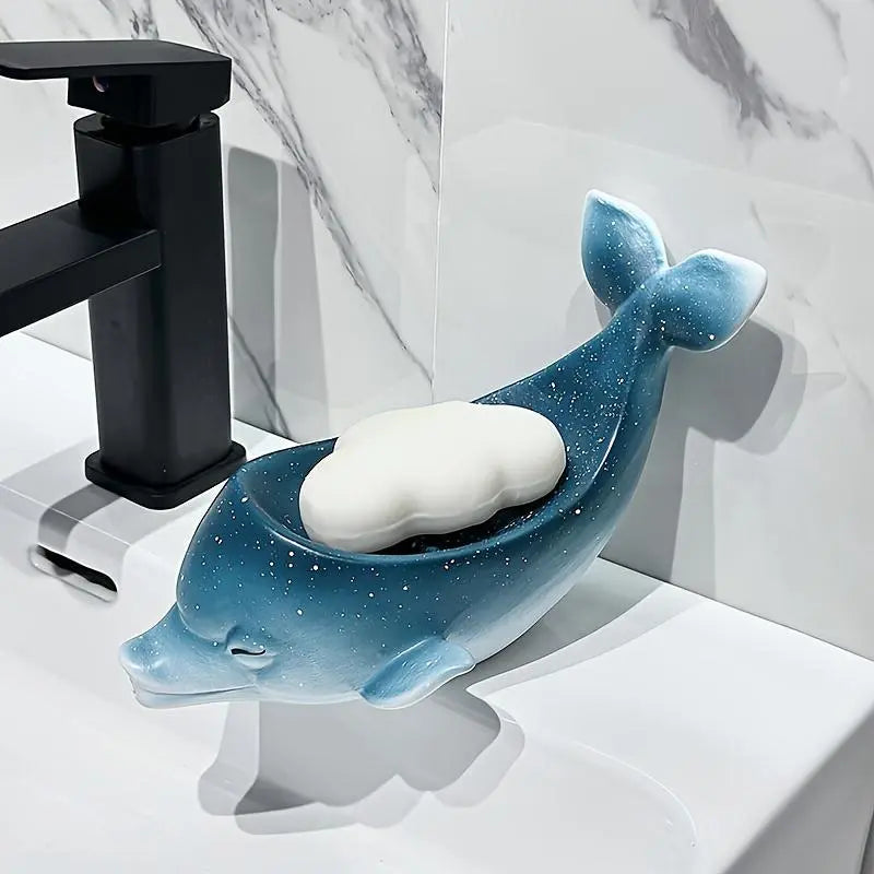 1pc Ceramic Starry Sky Dolphin Soap Dish - Bathroom Soap Holder with Drainable Mouth Design, Non-Water Accumulation for Home Use