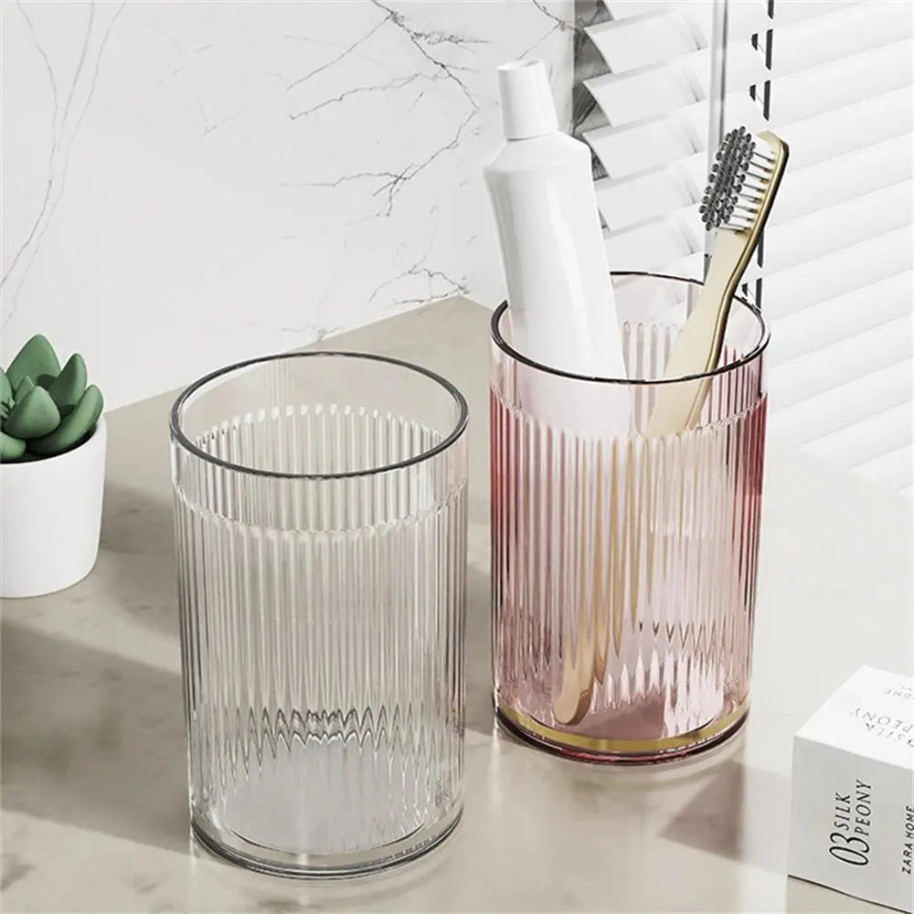 Luxury Striped Transparent Plastic Mouthwash Mug - Portable Round Toothbrush Holder Cup, Bathroom Washing Storage Tool
