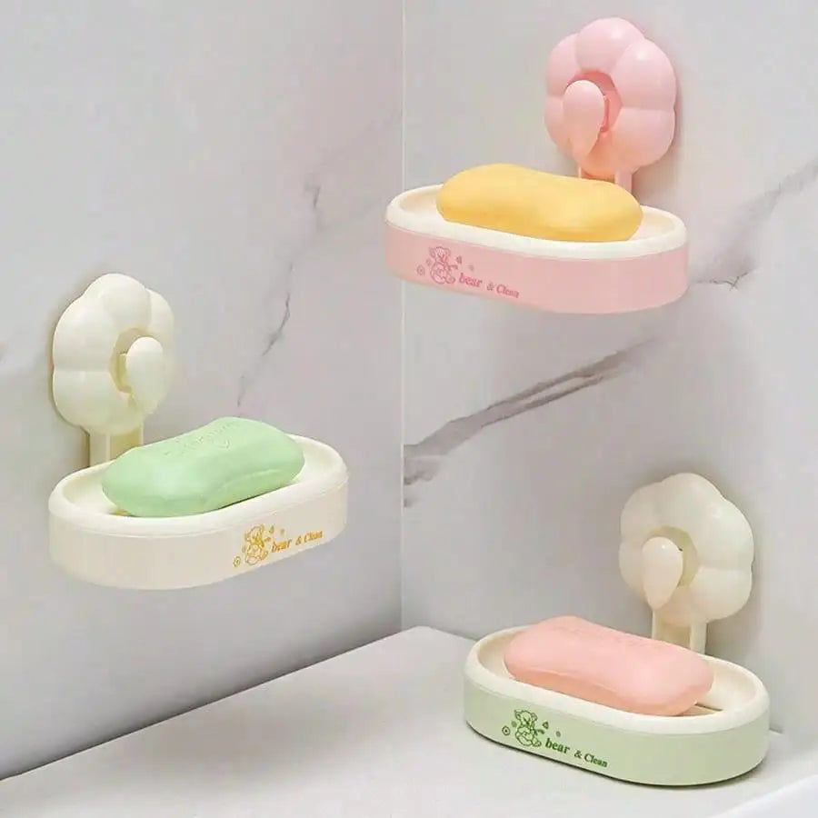 1pc Cute Bear Print Wall-Mounted Plastic Soap Dish with Flower-Shape Suction Cup, No-Drill Self-Adhesive Soap Holder with Drainage Tray, Stylish Functional Bathroom Organizer for Home Use