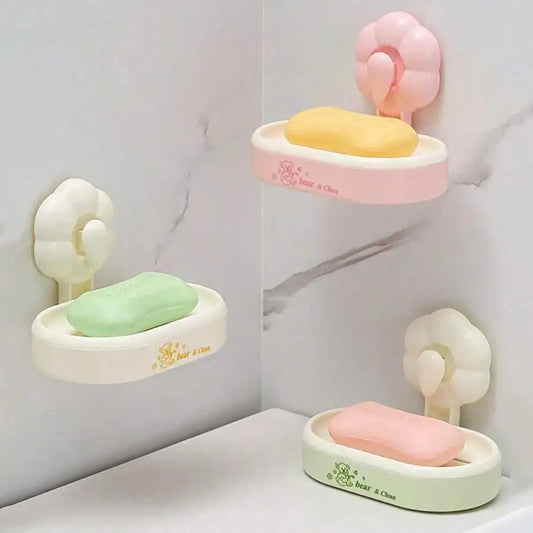 1pc Cute Bear Print Wall-Mounted Plastic Soap Dish with Flower-Shape Suction Cup, No-Drill Self-Adhesive Soap Holder with Drainage Tray, Stylish Functional Bathroom Organizer for Home Use