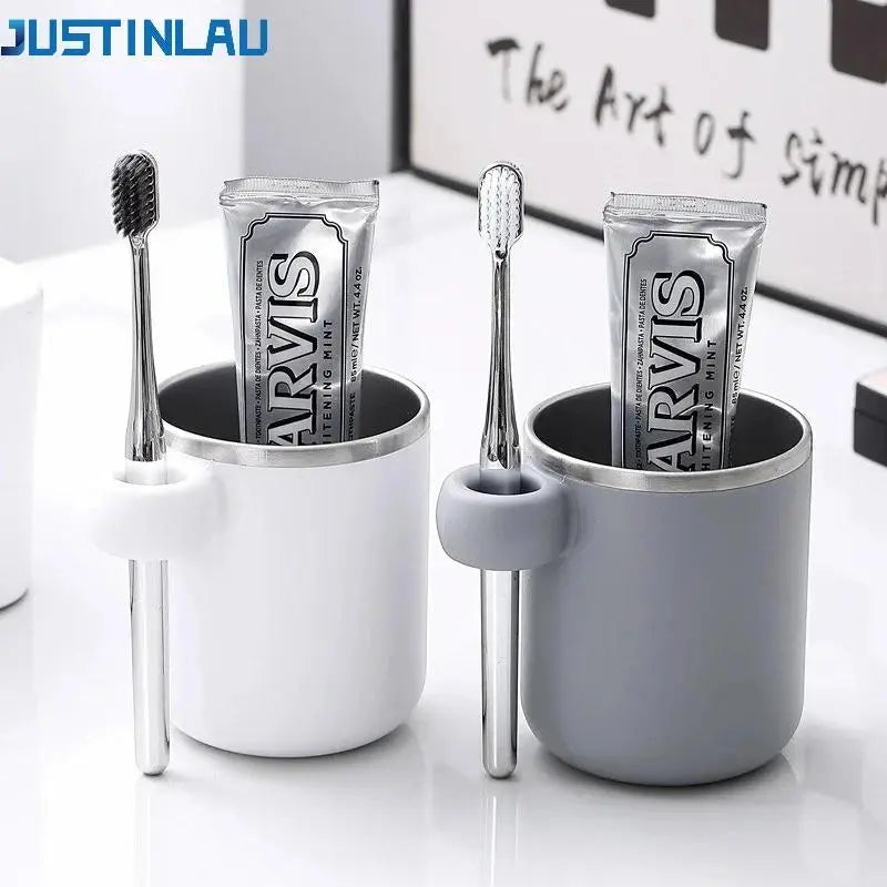 JUSTINLAU Mouthwash Cup Tumbler - Couple Toothbrush Cups for Bathroom, 304 Stainless Steel Liner with PP Body, Simple Kids & Adult Rinse Cup, Space-Saving Home Accessory, Grey or White