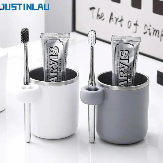 JUSTINLAU Mouthwash Cup Tumbler - Couple Toothbrush Cups for Bathroom, 304 Stainless Steel Liner with PP Body, Simple Kids & Adult Rinse Cup, Space-Saving Home Accessory, Grey or White