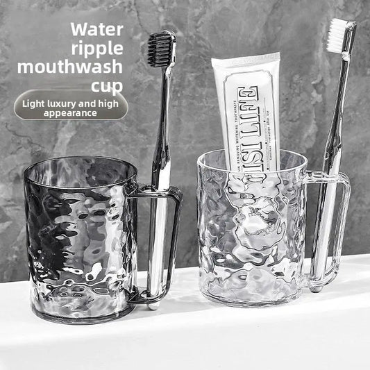 Hammered Glass Tumbler with Handle - 1 Piece 8*11*10.5cm Round Transparent & Gray Cup, Durable 1pc Toothbrush Cup with Comfortable Lip Feel for Bathroom & Home Use