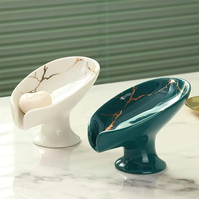 1pc Leaf-Shape Self-Standing Ceramic Soap Rack with Marble Exterior - Bathroom Organizer, Self-Draining, Soap-Drying, Easy to Clean - Christmas Gift Option