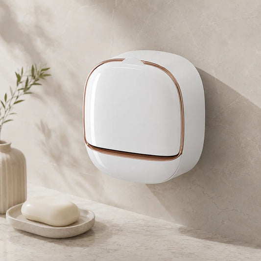 Wall-Mounted ABS Durable 2-Layer Bathroom Soap Dish with Drain System, Punch-Free Soap Saver, Waterproof Flip Lid for Shower Use