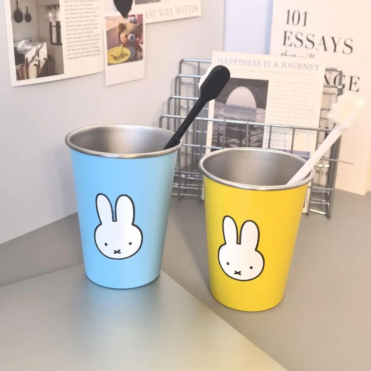 Kawaii Miffy Rabbit Toothbrush Holder & Mouthwash Cup Set - Cute Cartoon Print Couple Brushing Cups, High-Appearance Home Decor Statue Accessory