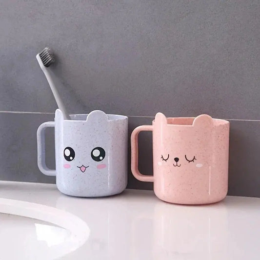 1pc Wheat Straw Cartoon Ceramic Bathroom Tumbler with Handle, Individual Pack Brushing Cup for Mouthwash & Lip Protection, Home Bathroom Essential