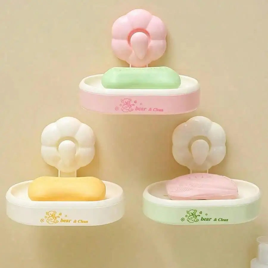 1pc Cute Bear Print Wall-Mounted Plastic Soap Dish with Flower-Shape Suction Cup, No-Drill Self-Adhesive Soap Holder with Drainage Tray, Stylish Functional Bathroom Organizer for Home Use