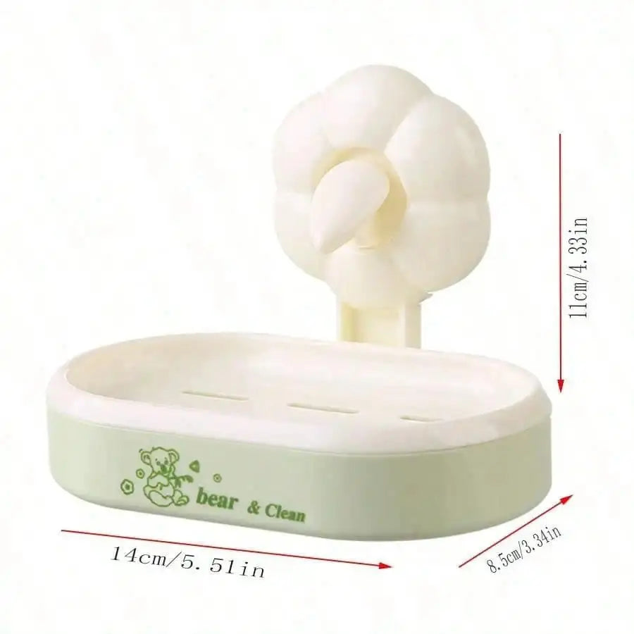 1pc Cute Bear Print Wall-Mounted Plastic Soap Dish with Flower-Shape Suction Cup, No-Drill Self-Adhesive Soap Holder with Drainage Tray, Stylish Functional Bathroom Organizer for Home Use