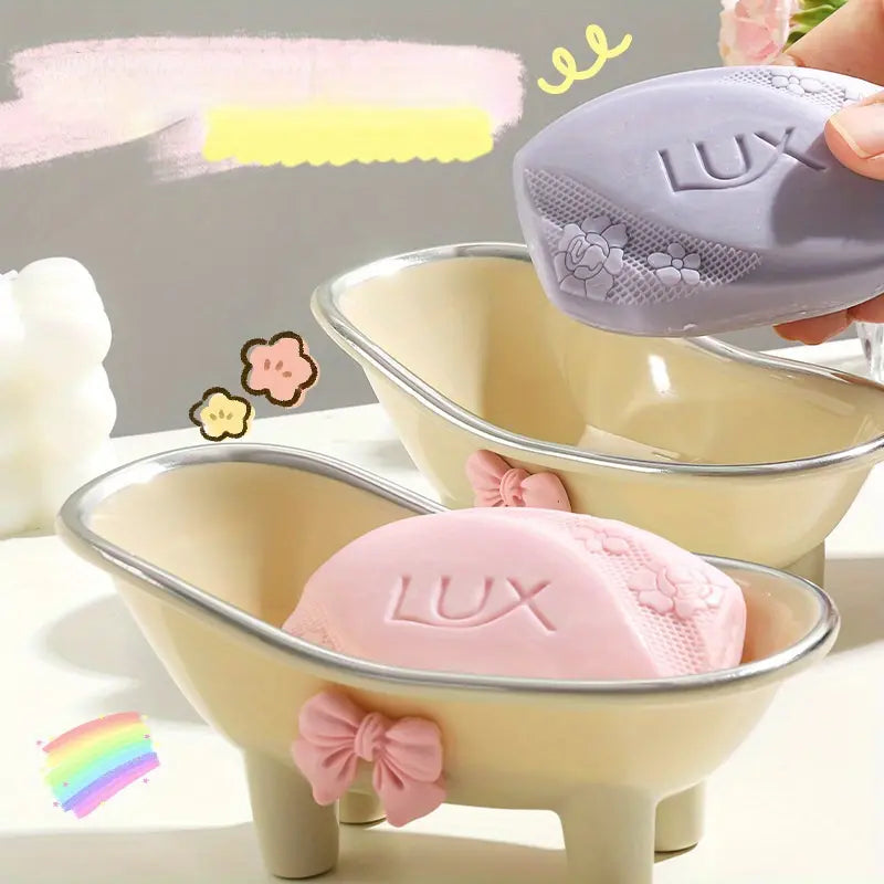 1PC Cute bow soap box, Household bathroom countertop drain soap box, Bathtub soap box, Soap Rack, Soap Container, Soap Bar Holder, Soap Dish Holder, Soap Dish For Bathroom Sink, Bathroom Accessories, Space-Saving Design for Organized Bathroom Countertops