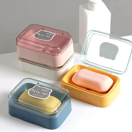 Transparent Plastic Household Soap Dish with Lid, Bar Soap Dish for Bathroom Sink with Drain Hole, Portable Travel Storage Container