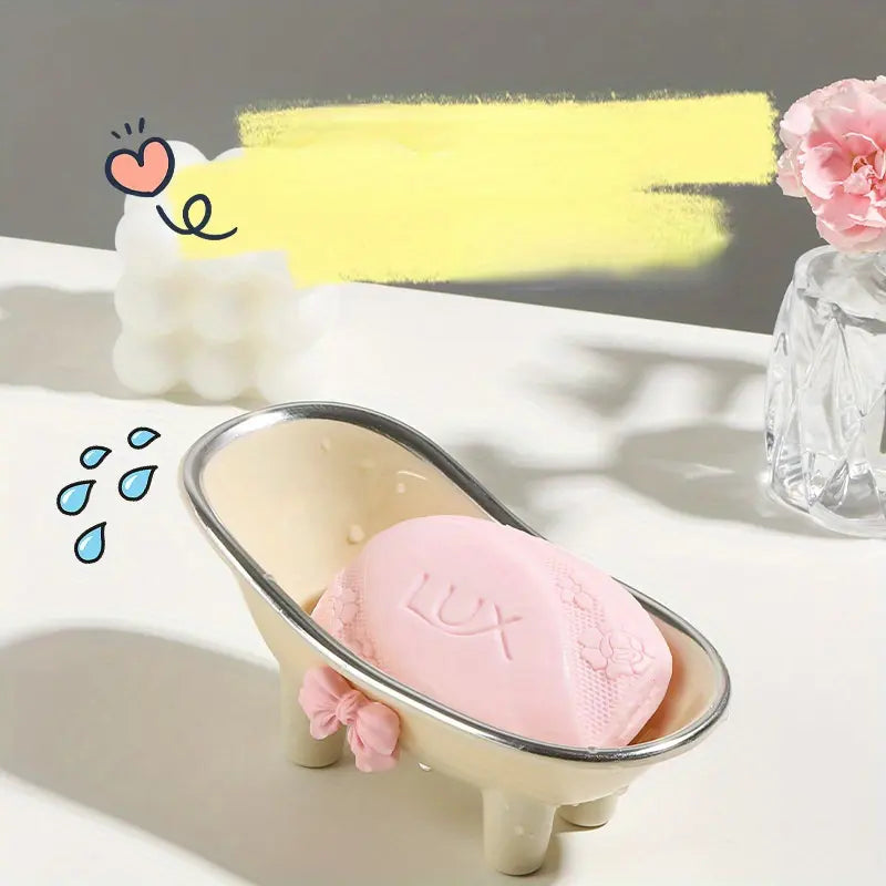 1PC Cute bow soap box, Household bathroom countertop drain soap box, Bathtub soap box, Soap Rack, Soap Container, Soap Bar Holder, Soap Dish Holder, Soap Dish For Bathroom Sink, Bathroom Accessories, Space-Saving Design for Organized Bathroom Countertops
