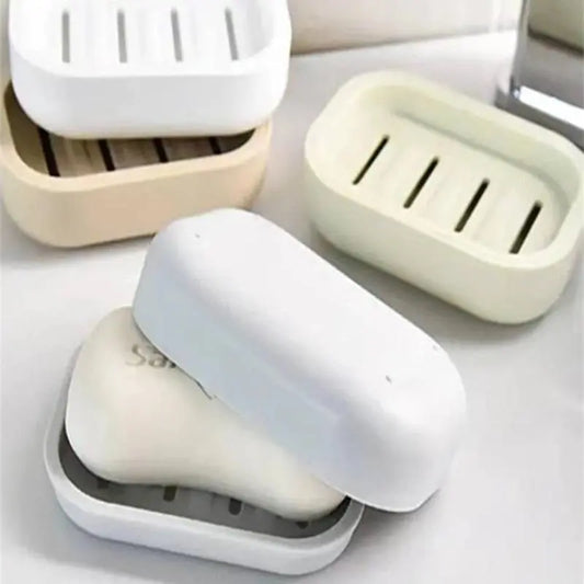 Gray Rectangular Plastic Soap Dish with Lid - 2-Layer Portable Drain Tray, Tabletop Bathroom Supply for Household Bathrooms Use