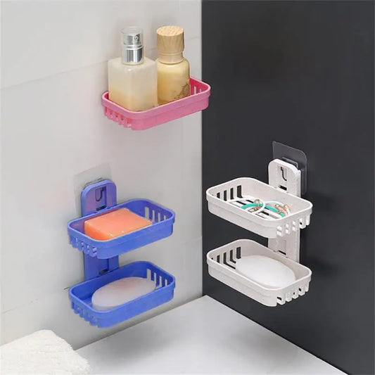 Punch-Free Soap Box Wall Mounted Single Double Layer Suction Cup Wall Hanging Soap Rack Soap Dish Holder Soap Tray Bathroom Rack Kitchen Storage Box Bathroom Accessory