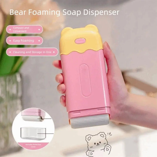 Compact Convenient Bear-Shaped PP+ABS Plastic Waterproof Rolling Soap Holder with Foaming Roller, Sealed Rack, Portable Dispenser Box, 74*175*38mm Bathroom Home Supply, Soap Dispenser