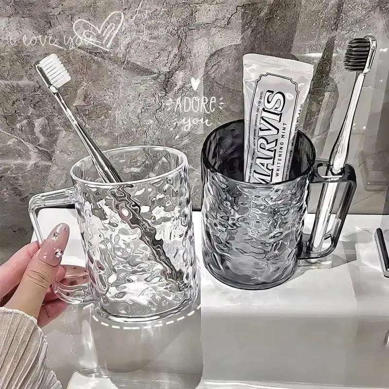 Fashion Youth Bathroom Tumbler with Handle Grip - Transparent Plastic, Lightweight, Durable, Small Size (8*11*10.5cm), Simple, Wipe-Clean, Portable, Comfortable Lip Feel, Adult Home Toothbrush Holder
