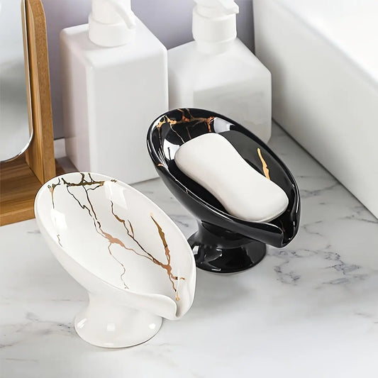 1pc Leaf-Shape Self-Standing Ceramic Soap Rack with Marble Exterior - Bathroom Organizer, Self-Draining, Soap-Drying, Easy to Clean - Christmas Gift Option