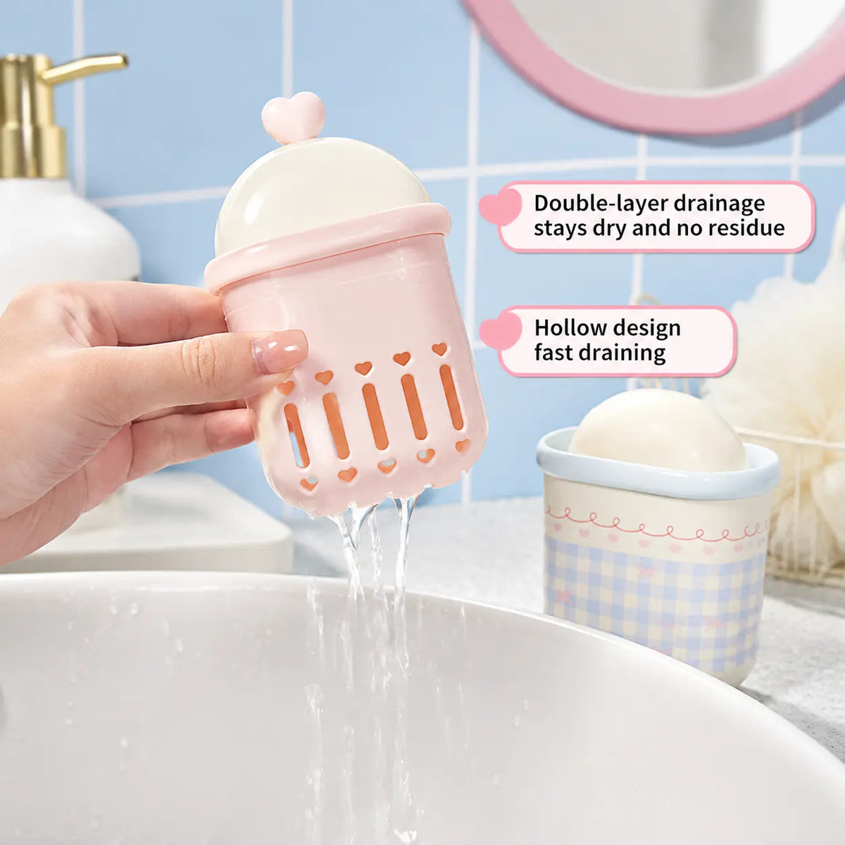 1-Pack Compact Standing Bar Soap Holder - Double Layer Draining Cute Heart Grid Printed Soap Saver, Portable Storage Case for Bathroom Sink & Travel Household Use, Sohochic