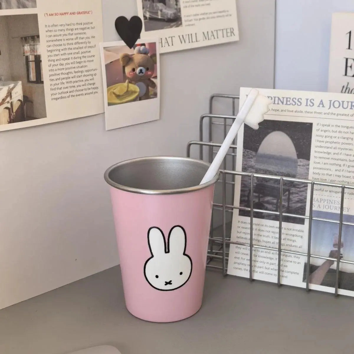 Kawaii Miffy Rabbit Toothbrush Holder & Mouthwash Cup Set - Cute Cartoon Print Couple Brushing Cups, High-Appearance Home Decor Statue Accessory